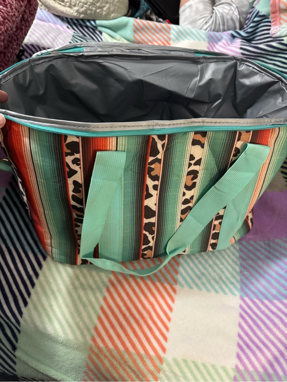 Striped Turquoise and Coral Insulated Tote Bag